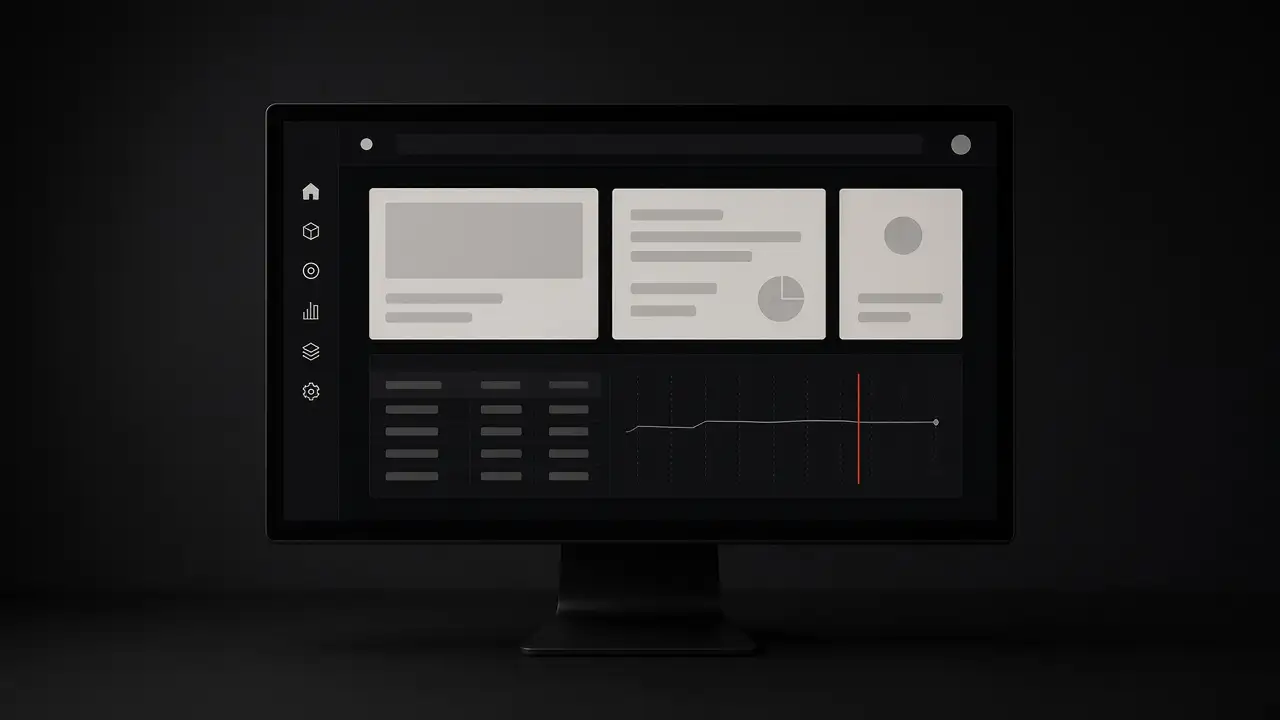 A dark monitor showing a software product: navigation, content cards, and one red mark on a chart.