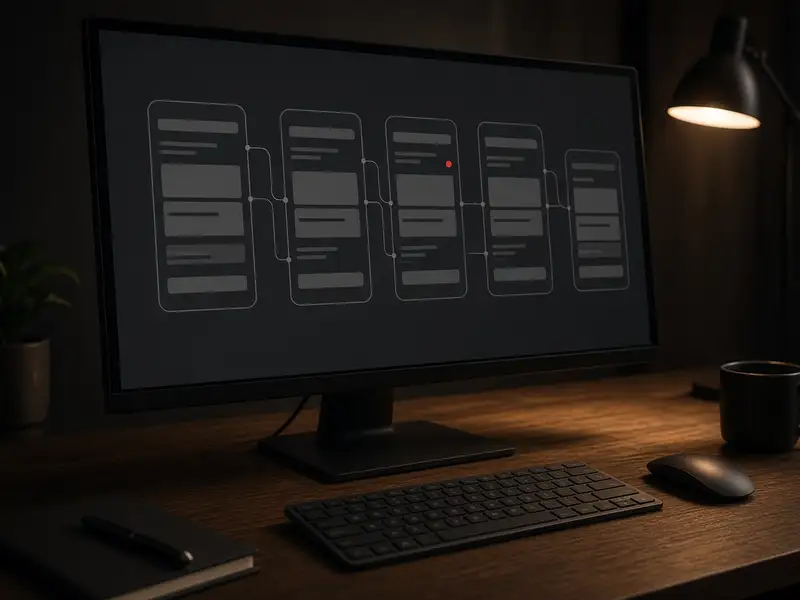 A workspace screen showing application screens linked into a product model.